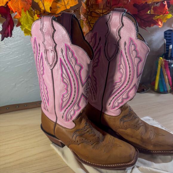 JUSTIN Made in USA Pink & Brown Leather Square Toe Boots Women's Size 7.5 B - Picture 5 of 11
